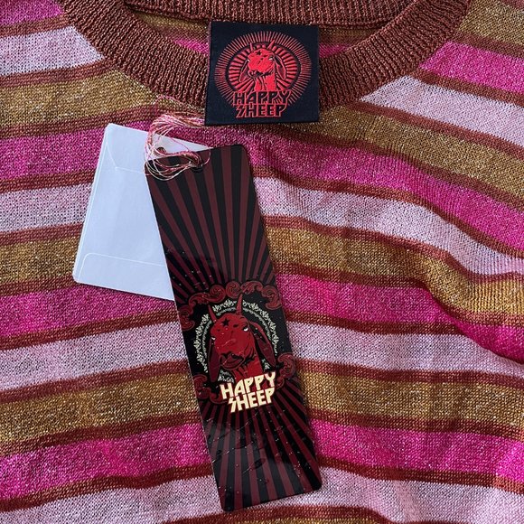 NWT Happy Sheep Sz L Lurex Metallic Stripe Sheer Knit Sweater Pink Rust Gold - Picture 6 of 10